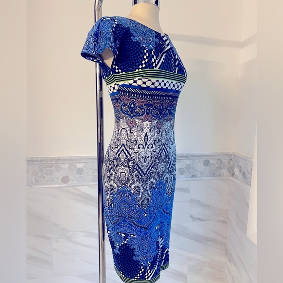 Cap Sleeves Geo Paisley Midi Bodycon Dress Sz S/M - Picture 5 of 13